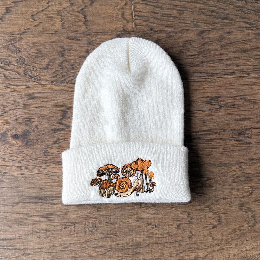 Embroidered mushroom beanie